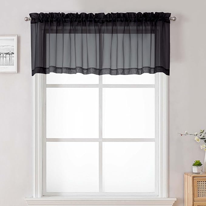 Lecloud Black Sheer Valances for Windows 18 Inch Length 2 Pcs, Cafe Kitchen Curtains for Bedroom Living Room, Short Curtains for Small Windows with Dual Rod Pocket Home Decor, 42" W x 18" L