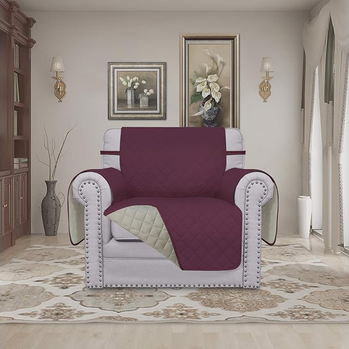 Easy-Going Chair Sofa Slipcover Reversible Sofa Cover Water Resistant Couch Cover Furniture Protector Cover with Elastic Straps for Pets Kids Children Dog Cat (Chair, Wine/Beige)