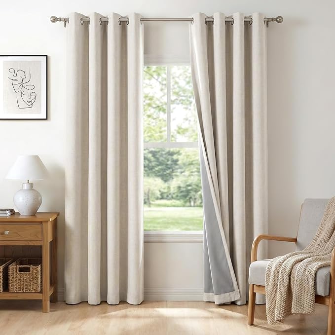 100% Blackout Shield Linen Blackout Curtains for Bedroom, Beige Grommet Curtains for Living Room, Thermal Insulated Room Darkening Drapes for Nursery, Boho Home Decor, 50" W x 108" L, 2 Panels