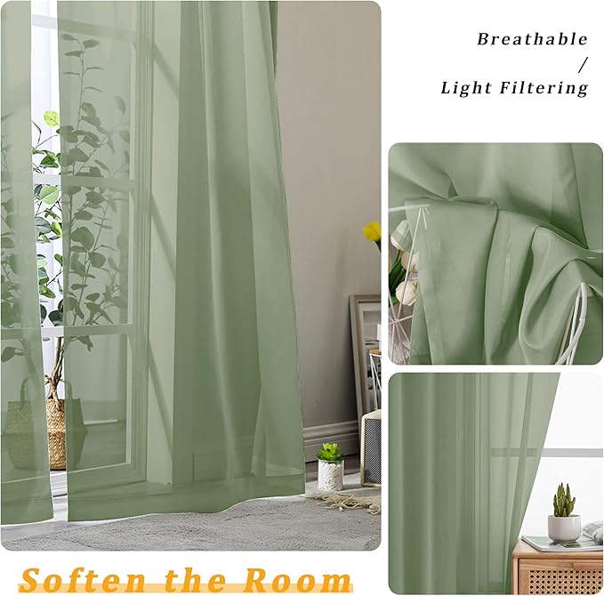 Gwine Sage Green Sheer Curtains 72 Inches Long 2 Panels Set for Front Door, Light Filtering Sheer Curtains for Living Room, Rod Pocket Window Treatments Drapes, Each 42" Wx72 L