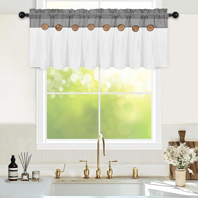 FRAMICS Farmhouse Valance Curtains, Boho Cotton Linen Kitchen Valance, Grey Rustic Button Window Valances for Kitchen Bathroom Bedroom, Country Rod Pocket Valances for Windows, Grey, 52 x 18 Inch