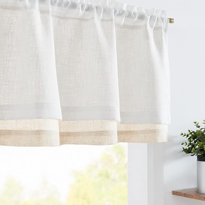 jinchan Linen Valance for Farmhouse Living Room Windows 16 Inch Slubbed Crossed Double Layer Window Valance Light Filtering Rustic Country Overlay Rod Pocket 1 Panel White