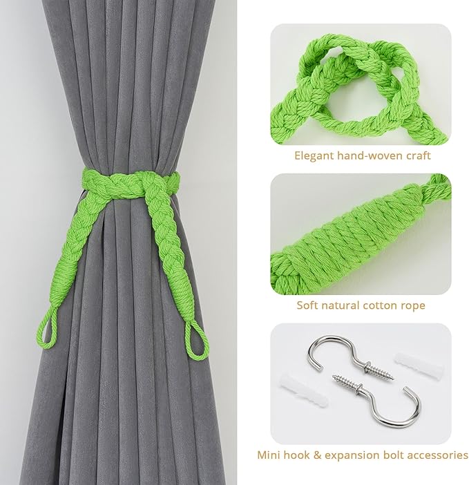 NICEEC 4 Pack Natural Cotton Rope Curtain Tiebacks Elegant Boho Style Decorative Drape Tie Backs Soft Hand-Woven Rope Curtain Holdbacks with Metal Hook for Home & Office Drapery (Tender Green)