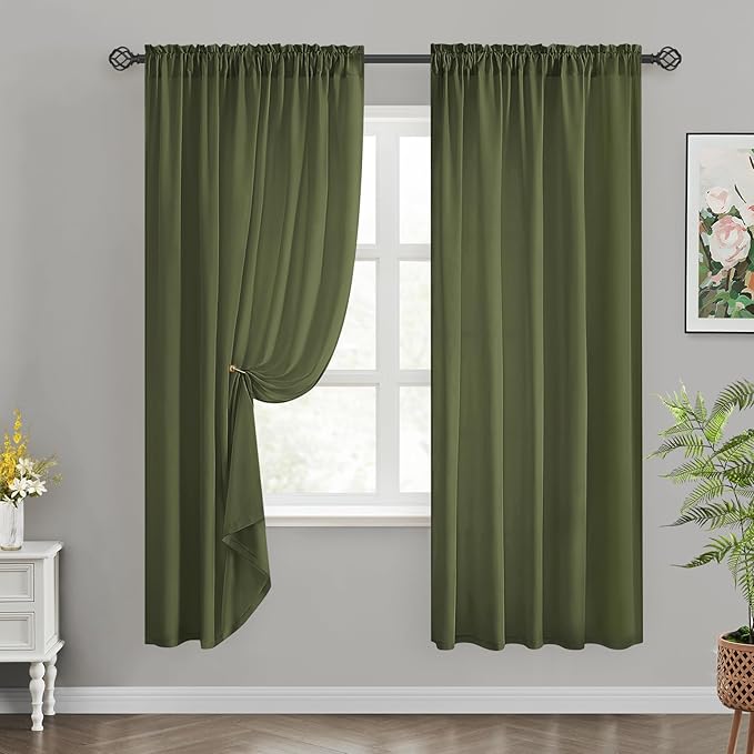 HOMEIDEAS Non-See-Through Olive Green Privacy Sheer Curtains, 52 X 72 Inches Long 2 Panels Sheer Curtains Light Filtering Window Drapes for Bedroom Living Room
