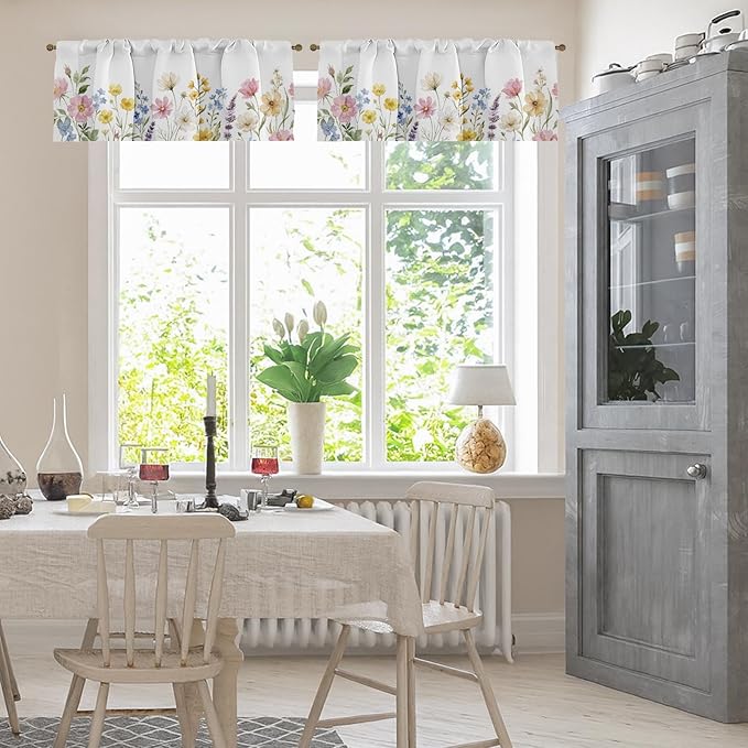 Emvency 4 Pack Valances Window Treatments, Spring Wildflower Flower Blackout Adjustable for Living Room Bathroom Bedroom Kitchen Over Sink, 52x18 Inch Rod Pocket Valances