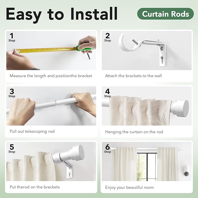 IFELS Heavy Duty Curtain Rods for Windows 28 to 48 Inch, 1 Inch Adjustable White Curtain Rod Set with Easy Installation and Modern Design (A1,White,30-60")