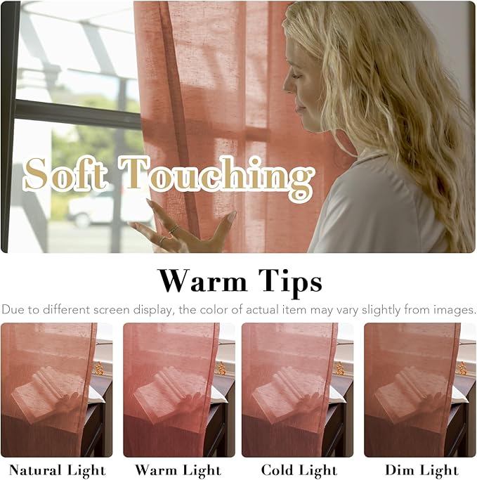 H.VERSAILTEX Linen Curtains Natural Linen Blended Curtain Panels for Living Room/Light Reducing Linen Semi Sheer Curtains 2 Panels Set Nickel Grommet Window Panels (52x108 Inch, Terracotta)