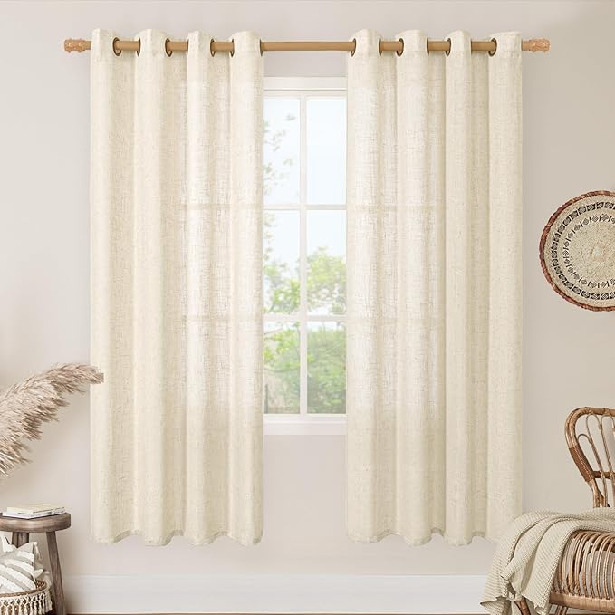 LAMIT Beige Linen Curtains for Living Room 78 Inch Length, Faux Linen Textured Light Filtering Drapes Semi Sheer Bronze Grommet Boho Panels for Farmhouse/Bedroom/Porch, 52 x 78 Inch