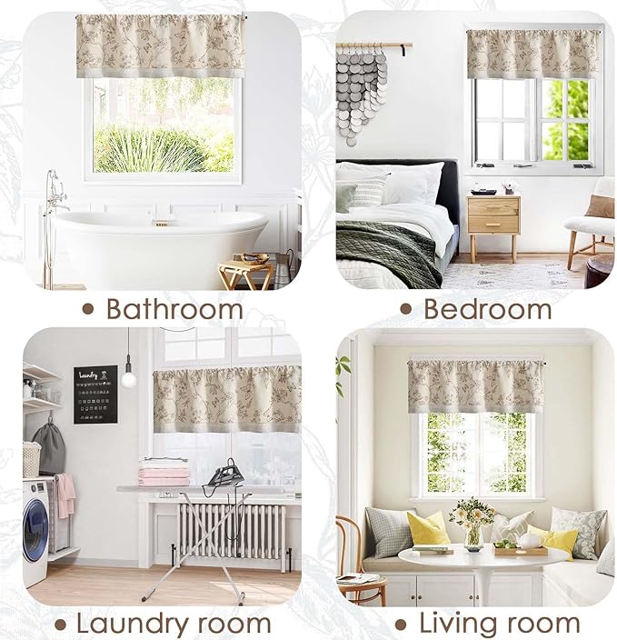 jinchan Floral Curtain Valance for Windows 16 Inch Linen Valance for Kitchen Living Room Rustic Cottage Farmhouse Flower Butterfly Curtain Rod Pocket 1 Panel Double Layer Blackout Taupe on Beige