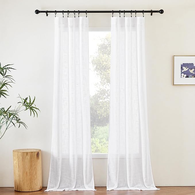 NICETOWN White Sheer Curtains 96 inches Long, Rod Pocket & Back Tab Faux Linen Weave Semi Sheer Window Treatments Privacy with Light Filtering for Living Room, 2 Panels, W34 x L96