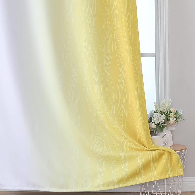Estelar Textiler Yellow and Greyish White Blackout Curtains 45 Inch Length, Light Blocking Gradient Drapes for Kitchen, Thermal Insulated Grommet Ombre Curtains for Bathroom,52Wx45L,2 Panels