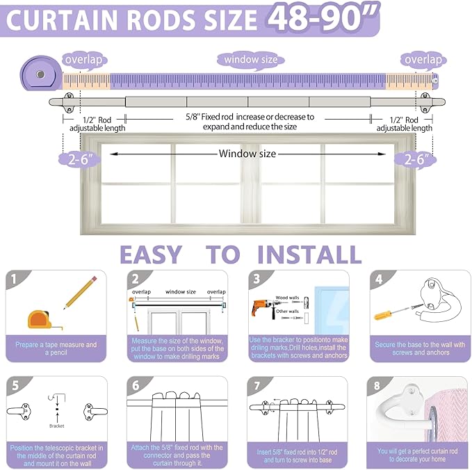 TVWOO Wrap Around Curtain Rods,White Curtain Rods 48 to 84 Inch,5/8 Inch Adjustable Blackout Curtain Rod Set with Bracket,Room Darkening Single Window Rod,Metal Hidden Curved Drapery Rods 48-84",White