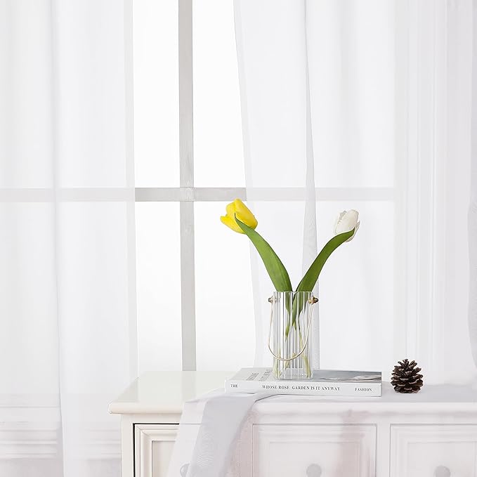 Lecloud White Sheer Curtains 50 Inch Length 2 Pcs, Light Filtering Voile Bathroom Curtains for Bedroom Basement Living Room, Farmhouse Window Treatments Rod Pockets Drapes, Each Panel 42" W x 50" L