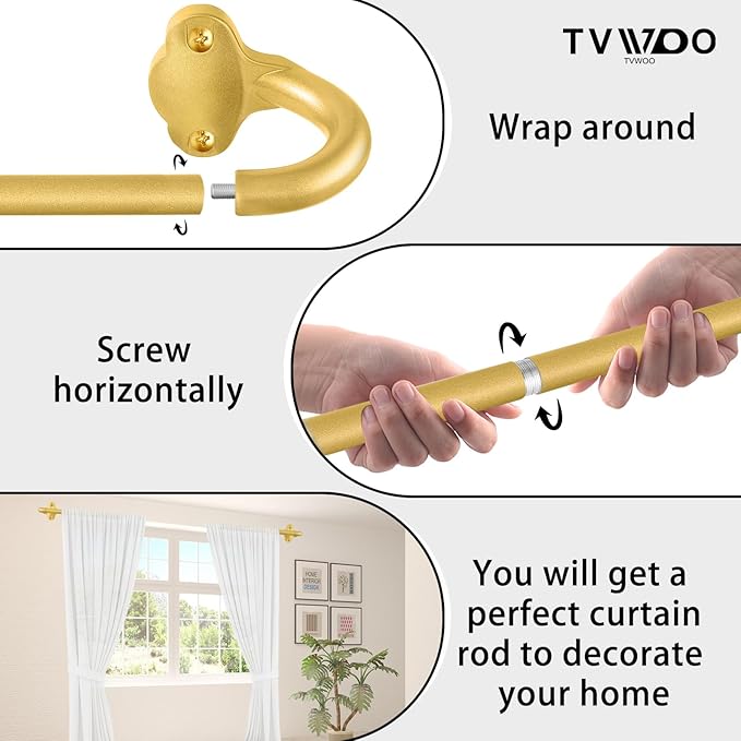 TVWOO Gold Wrap Around Curtain Rods:5/8" Small Blackout Adjustable Window Curtain Rod for Bedroom Kitchen Apartment Renter Friendly,Room Darkening Curved Drapery Rods Easy Install,Brass Golden 48-90"