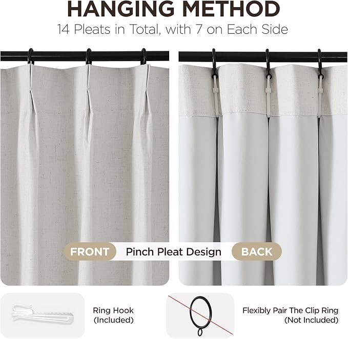 Joydeco Pinch Pleated Linen Curtains for Living Room, 100% Blackout Curtains 84 inches Long 2 Panel Thermal Insulated Pinch Pleat Drapes(Ivory,40'' Wx84'' L)