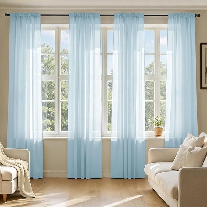 MIULEE Sky Blue Sheer Curtains 108 Inches Long, 4 Panels Set, Light Filtering Rod Pocket Voile Drapes for Living Room and Bedroom, Airy Soft Fabric Window Treatments, 42 x 108 Inches