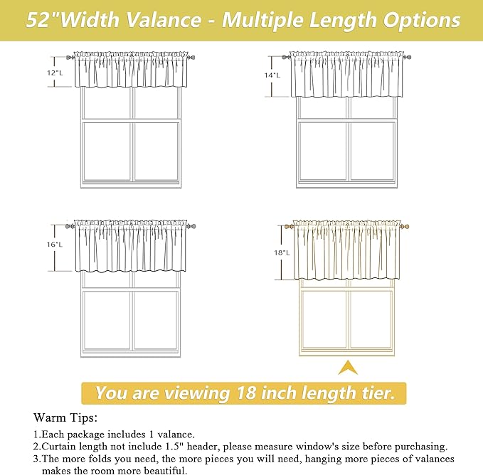 Valances for Windows, Light Filtering Faux Linen Textured Small Short Window Curtain for Bathroom Basement Farmhouse, Rod Pocket Top Half Curtains for Windows, Natural 52Wx18L Inch