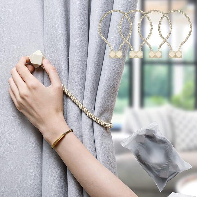 NazTur Magnetic Curtain Tiebacks- Upgrade 2022 with a Thicker Twist Rope & Strong Magnet Tieback Window Treatment Holdbacks Draperies Holders Decorative Drape Handmade Tie Back (Beige, 4)