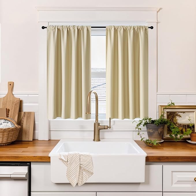 RYB HOME 100% Blackout Short Curtains for Small Window, Thermal Insulated Total Room Darkening Noise Reducing Curtains for Basement Bathroom Basement, 29 inches Wide by 45 inches Long, Biscotti Beige
