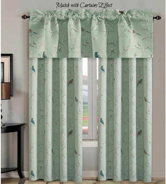 H.VERSAILTEX Blackout Curtain Valances for Kitchen Window/Living Room/Bathroom Privacy Added Rod Pocket Home Decoration Winow Valance, 52" W x 18" L, Birds in Sage