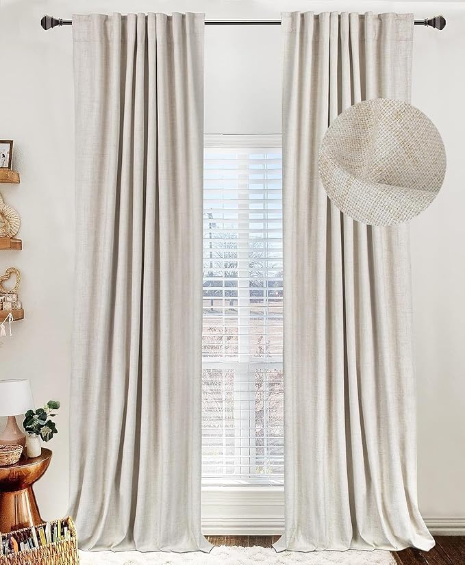 100% Blackout Shield Linen Blackout Curtains for Bedroom 63 Inches Long, Back Tab/Rod Pocket Living Room Drapes, Thermal Insulated Blackout Curtains 2 Panels Set, 50" W x 63" L,Cream