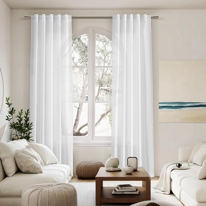 Nanspring Linen White Curtains 45 Inch Length 2 Panels for Kitchen Short Window, Semi Sheer Linen Drapes Modern Light Filtering Back Tab Rod Pocket for Cafe Bathroom 29 X 45
