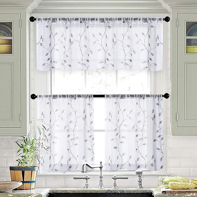 MRTREES Sheer Voile Curtain Valances 2 Panels, Leaves Embroidered Valance Curtains Rod Pocket, Small Sheer Window Curtains Treatment for Bedroom/Living Room/Kitchen/Basement(Grey Leaves, 54x16 Inches)