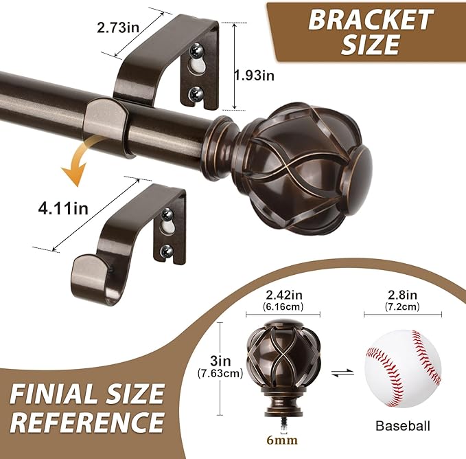 KAMANINA 1 Inch Curtain Rod Telescoping Single Drapery Rod 28 to 48 Inches (2.3-4 Feet), 2 Pack Antique Bronze Curtain Rods for Windows 16 to 44 Inches, Netted Texture Finials