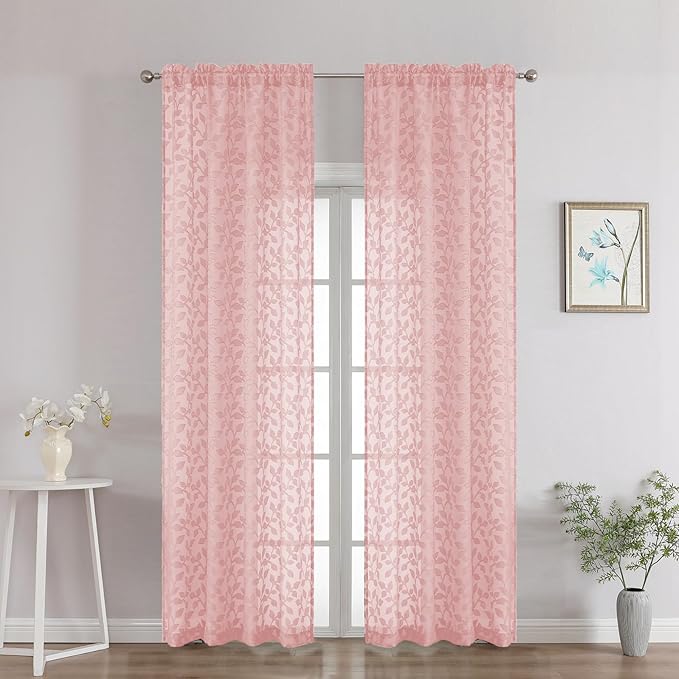 Chyhomenyc Blush Pink Sheer Curtains 90 Inch Length 2 Panels Set, Light Filtering Tufted Textured Soft Airy Rod Pocket Gentle Leaf Window Treatment Drapes for Bedroom Living Room, 42" Wx90 L, 2PCS