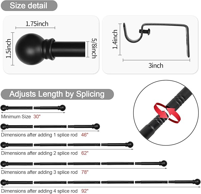 Thestoa 2 pack Black Curtain Rods for Windows 48 to 92 inch, Adjusts Length by Splicing, 5/8" Diameter Matte Black Small Curtain Rods for Bedroom, Living Room, Kitchen, Outdoor, Farmhouse