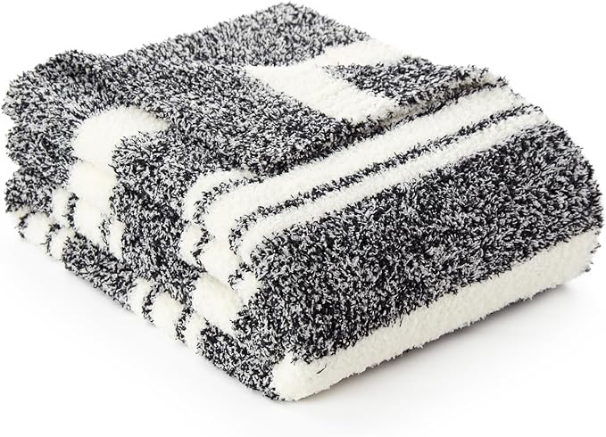 Snuggle Sac Heather Throw Blanket for Couch, Reversible Super Soft Blankets Warm Cozy Knit Fuzzy Plush Lightweight for Sofa, Bed, Camping, Picnic (Stripe Black, Throw(50"x 60"))