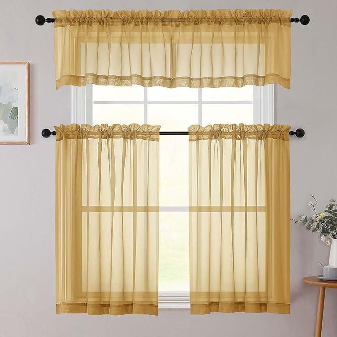 Kitchen Curtains 24 Inch Length Tier 2 Pieces, Gold Sheer Curtain Solid Soft Sheer Short Curtains for Windows, Cafe Bathroom Basement Rod Pocket Drapes, Gold, Each 42" Wx24 L Inches