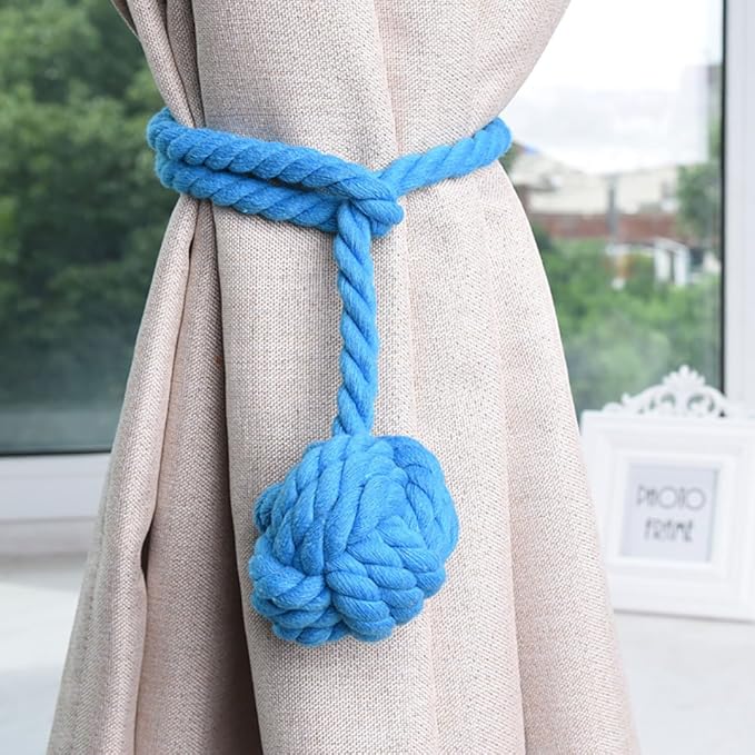 Melaluxe 4 Pack Curtain Tiebacks - Heavy Duty Curtain Rope Tieback, Handmade Rural Decorative Curtain Holdbacks (Blue)