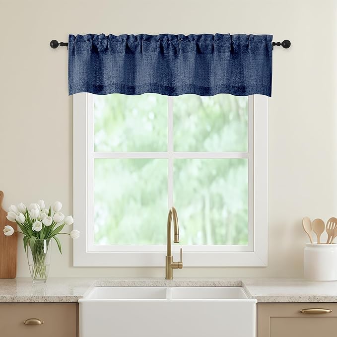 Navy Blue Valances for Windows, Light Filtering Faux Linen Textured Small Short Valance Curtains for Bathroom Basement Farmhouse, Rod Pocket Half Curtains for Windows, 60Wx12L Inch