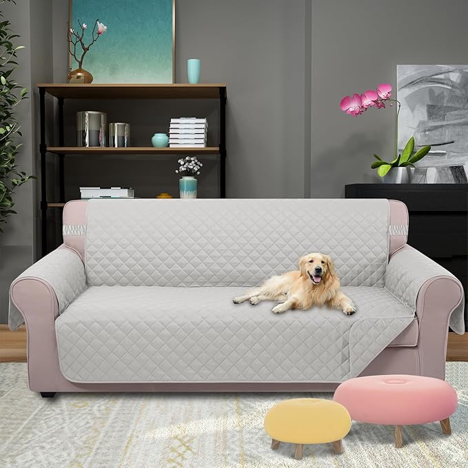 U-NICE HOME Reversible Sofa Cover Couch Cover for Dogs with Elastic Straps Water Resistant Furniture Protector for Pets Couch Cover for 3 Cushion Couch (Sofa, Light Grey/Light Grey)