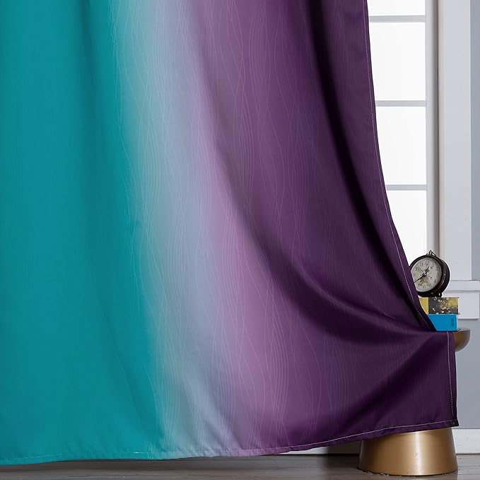 Estelar Textiler Ombre Teal and Purple Blackout Curtains 45 Inch Length 2 panels, Grommet Thermal Insulated Gradient Drapes for Kids Room, Full Light Blocking Blackout Curtains for Bedroom, 52x45 Inch