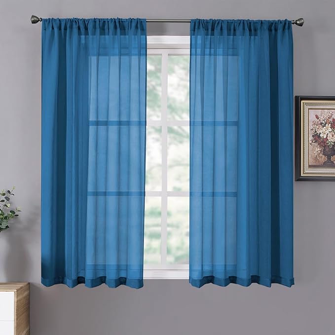 Tollpiz Short Sheer Curtain Linen Textured Living Room Curtains Sheer Light Filtering Rod Pocket Voile Curtain for Bedroom, 42 x 54 inches Long, Classic Blue, Set of 2 Panels