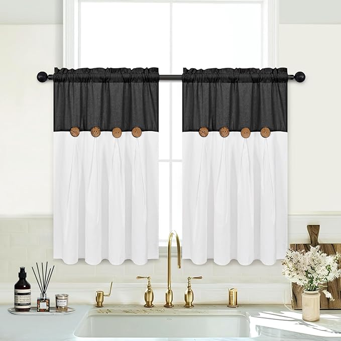 Boho Kitchen Curtains 36 Inch Length, Farmhouse Cotton Linen Tier Curtains, Rustic Button Short Curtains for Windows, Black Country Cafe Curtains, Rod Pocket Small Window Curtains for Kitchen, 26x36