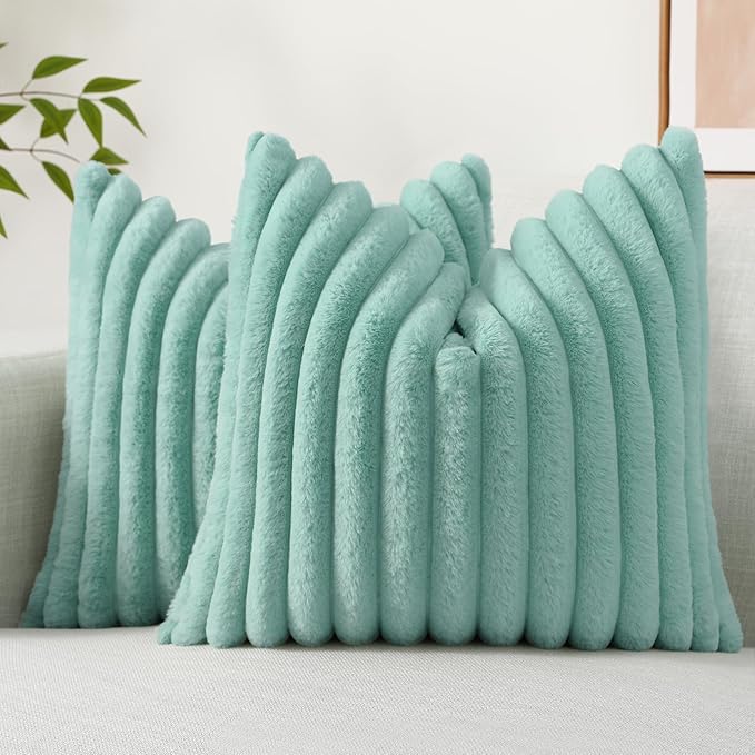 decorUhome Summer Cozy Faux Fur Throw Pillow Covers 24x24 Set of 2 Decorative Soft Plush Striped Modern Farmhouse Boho Couch Euro Sham Pillow Cases with Velvet Back for Sofa Bed Living Room, Aqua