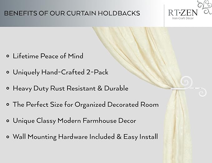 RTZEN Decorative Metal Curtain Tiebacks - Farmhouse Wrought Iron Curtain Holdbacks - Drapery Holders for Wall - Unique Metal Tie Backs for Curtains - 2 Pcs (White Swirly)