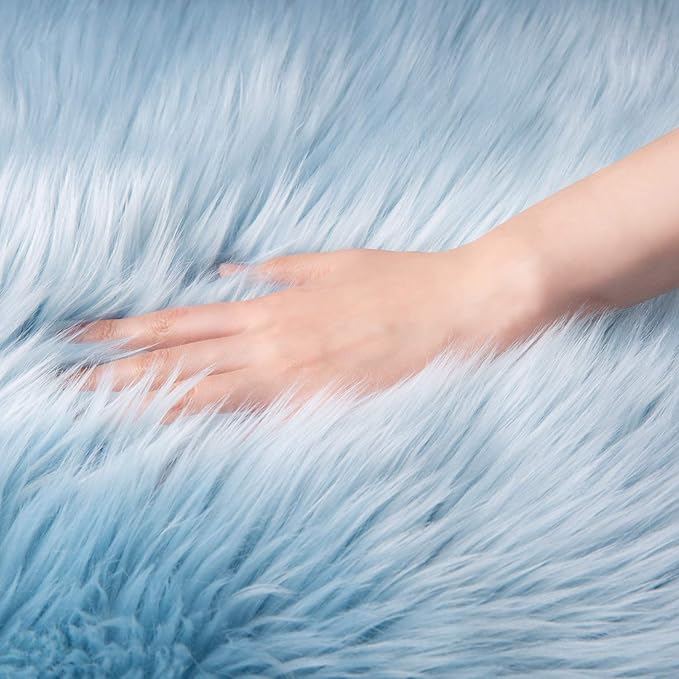 Ashler Faux Fur, Fluffy Shaggy Area Rug Ultra Soft 2 x 6 Feet Sheepskin Fur Rug, Light Blue Fuzzy Rug Machine Washable Shag Rug, Nursery Decor Throw Rugs for Bedroom, Kids Room, Living Room