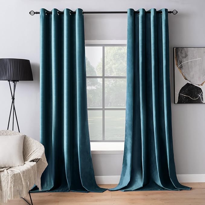MIULEE Blue Velvet Curtains 108 Inches Length Extra Long Blackout Curtains Thermal Insulated Soundproof Room Darkening Grommet Black Out Drapes for Living Room Bedroom 52x108 Inch 2 PCs Peacock Blue