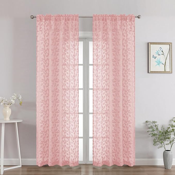 Chyhomenyc Blush Pink Sheer Curtains 84 Inch Length 2 Panels Set, Light Filtering Tufted Textured Soft Airy Rod Pocket Gentle Leaf Window Treatment Drapes for Bedroom Living Room, 42" Wx84 L, 2PCS