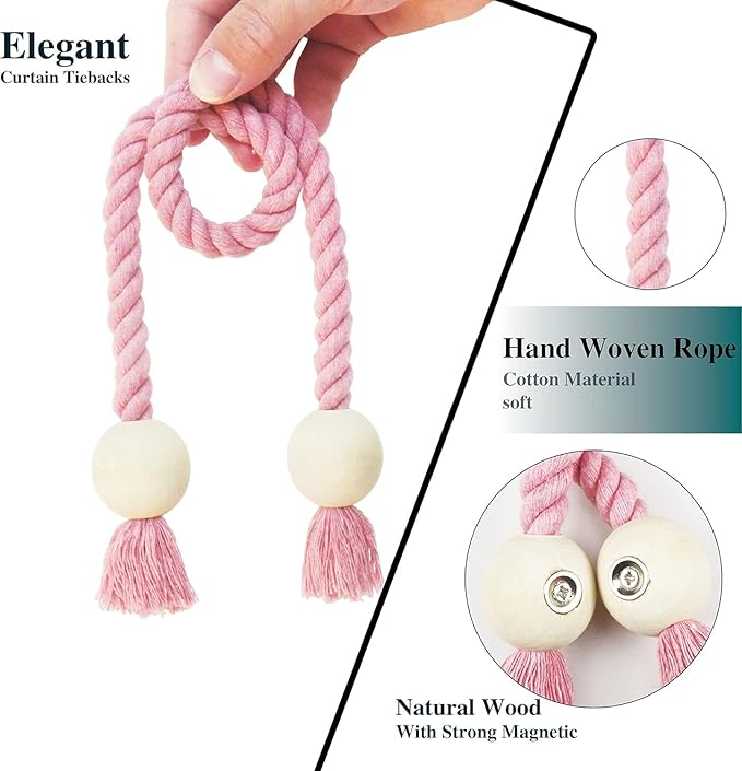 2 Pack Magnetic Curtain Tiebacks Cotton Hand Woven Tie Back Decorative Rope Holdbacks for Curtains Draperies No Tools Required, Pink