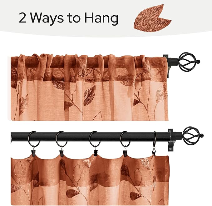 HOMEIDEAS Fall Burnt Orange Sheer Kitchen Curtains 30 X 24 Inch Length 2 Panels Embroidered Leaf Pattern Short Curtains for Small Window Valance Tiers
