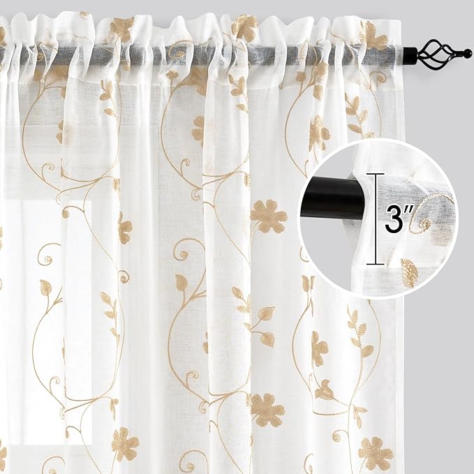 HOMEIDEAS Yellow Sheer Curtains 63 Inch Length 2 Panels Yellow and White Embroidered Floral Pattern Semi Sheer Window Curtains for Bedroom Living Room