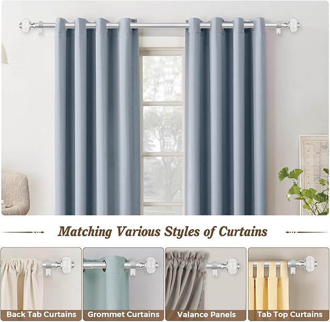 Curtain Rods 32 to 58 Inch (2.6-4.8ft), USFOOK 7/8 Inch Telescoping Splicing Drapery Rods for Windows 20 to 54 Inch, Decoration for Home with Light Silver Translucent Finials