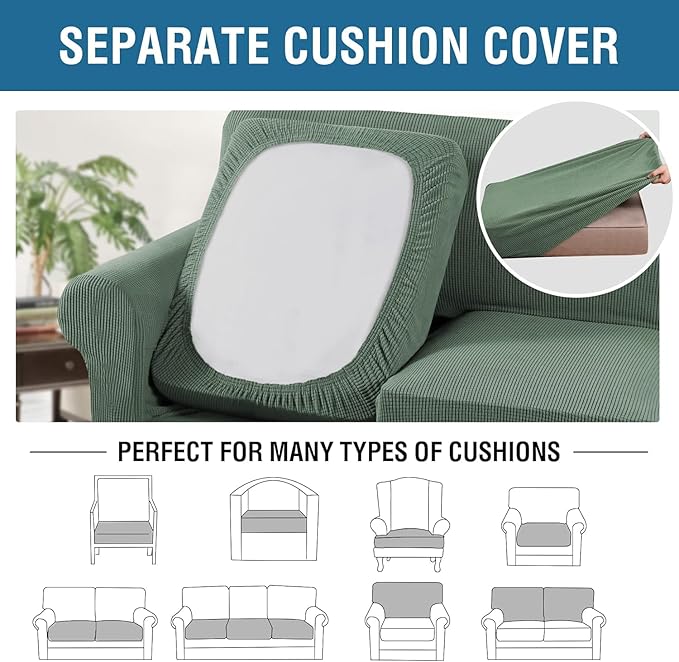 H.VERSAILTEX 4 Piece Stretch Sofa Covers for 3 Cushion Couch Covers for Living Room Furniture Slipcovers (Base Cover Plus 3 Seat Cushion Covers) Thicker Jacquard Fabric (Large Sofa, Loden Frost)