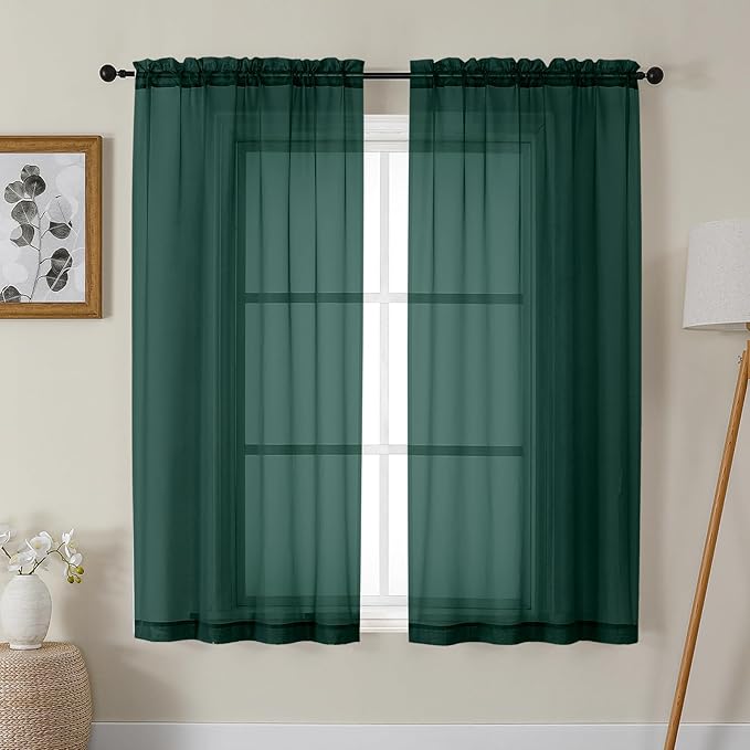 Gwine Hunter Green Sheer Curtains 63 Inch Length for Living Room 2 Panels, Light Filtering Rod Pocket Window Curtain Treatment for Bedroom, Voile Elegant Sheer Drapes，Each 42" Wx63 L, Hunter Green