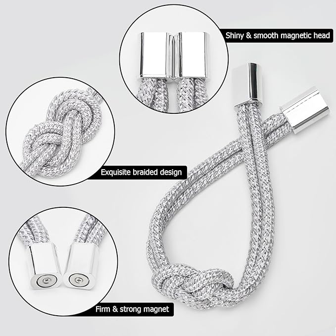 NICEEC 4 Pack Mini Magnetic Curtain Tiebacks Nordic Simple Style Drape Tie Backs Elegant Hand Weave Rope Knot Decorative Curtain Holdbacks for Home & Office Thin Window Drapery (Silver Grey)